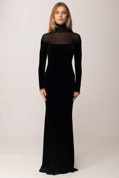 Long Sleeve Mesh Insert Maxi Velvet Dress Black HV0055