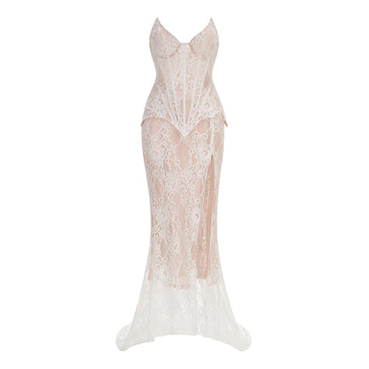 Strapless Lace Corset Two Piece Maxi Dress White HV3214