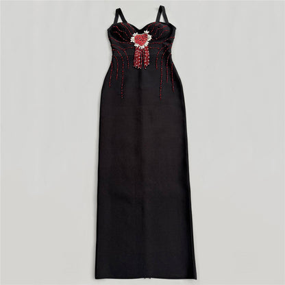 Crystal Heart Embellished Maxi Dress Black HV3094