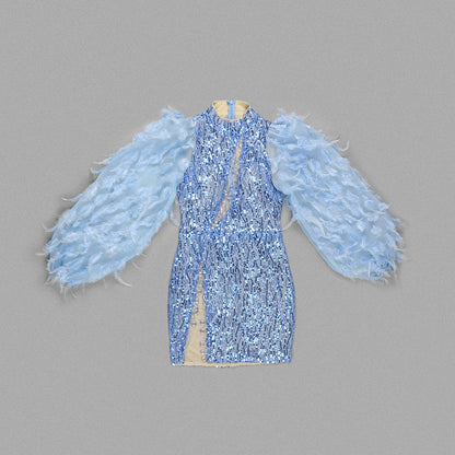 Feather Sleeves Sequin Dress Blue HV9860