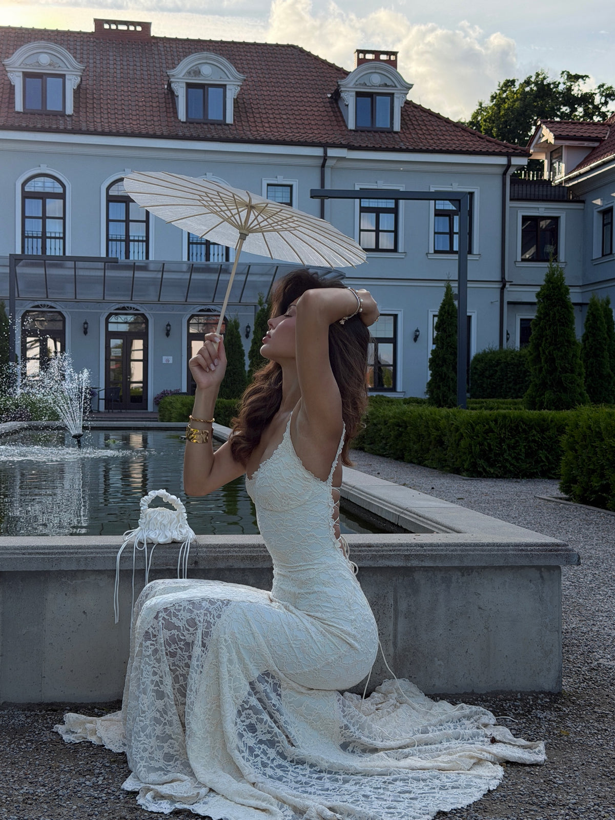 Strappy Lace Maxi Dress Ivory HV0161