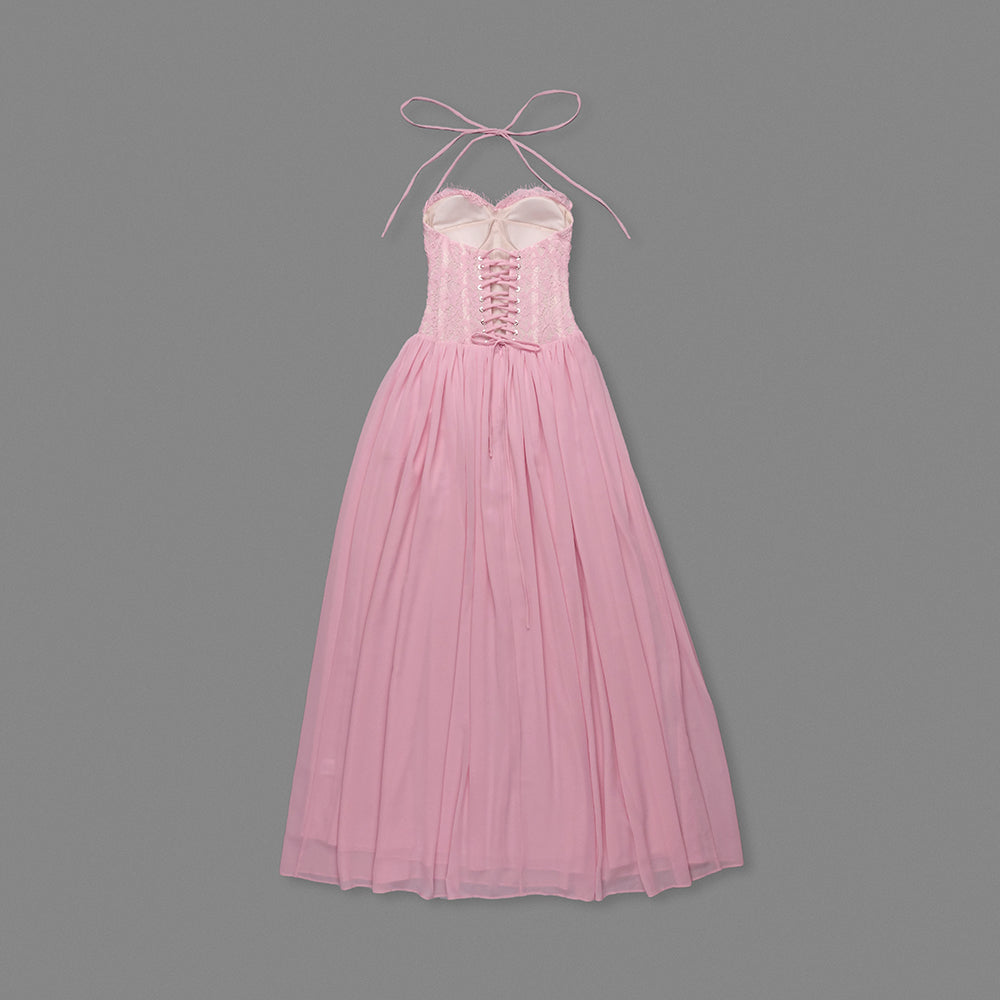 Halter Lace Corset A Line Maxi Dress HV0149