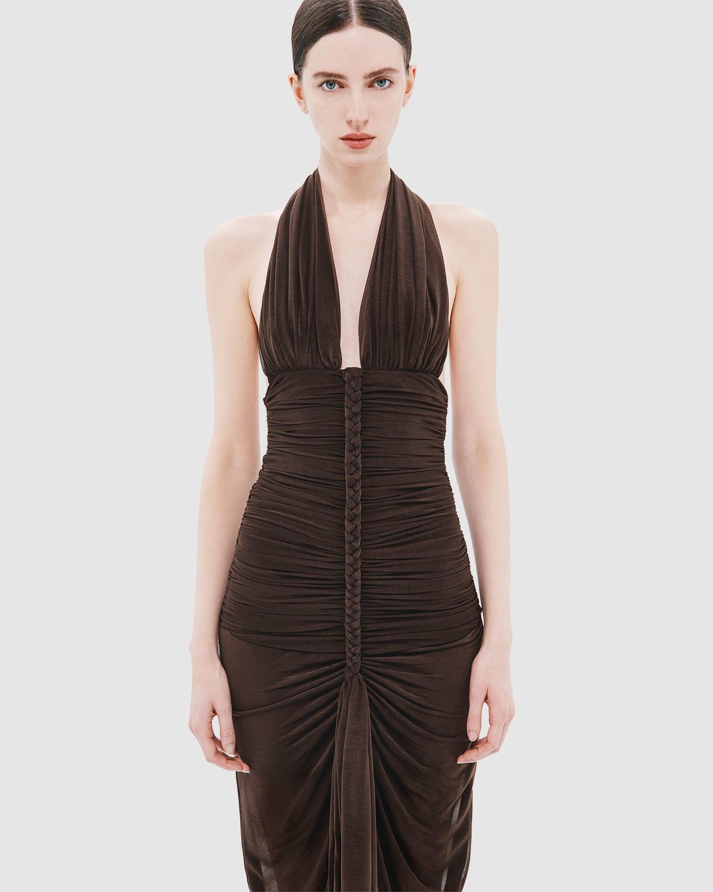Halter Braid Detail Ruched Maxi Dress Brown HV0083