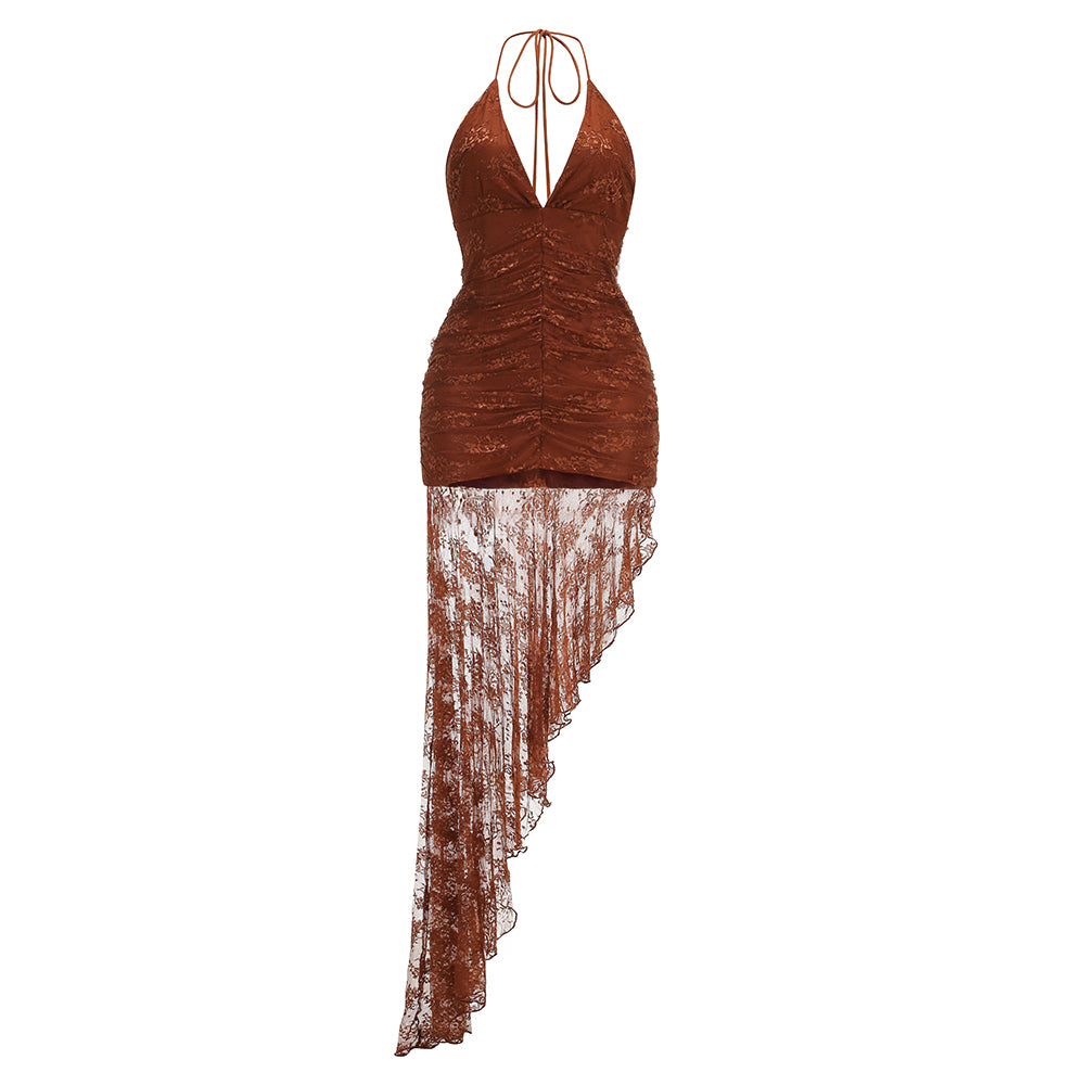 Halter Ruched Asymmetric Lace Maxi Dress HV3083