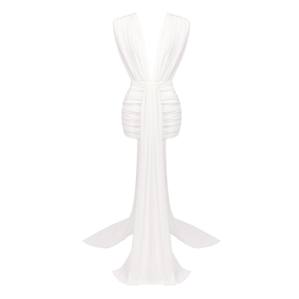Plunge V Neck Draped Dress White HV0074