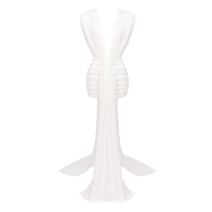 Plunge V Neck Draped Dress White HV0074