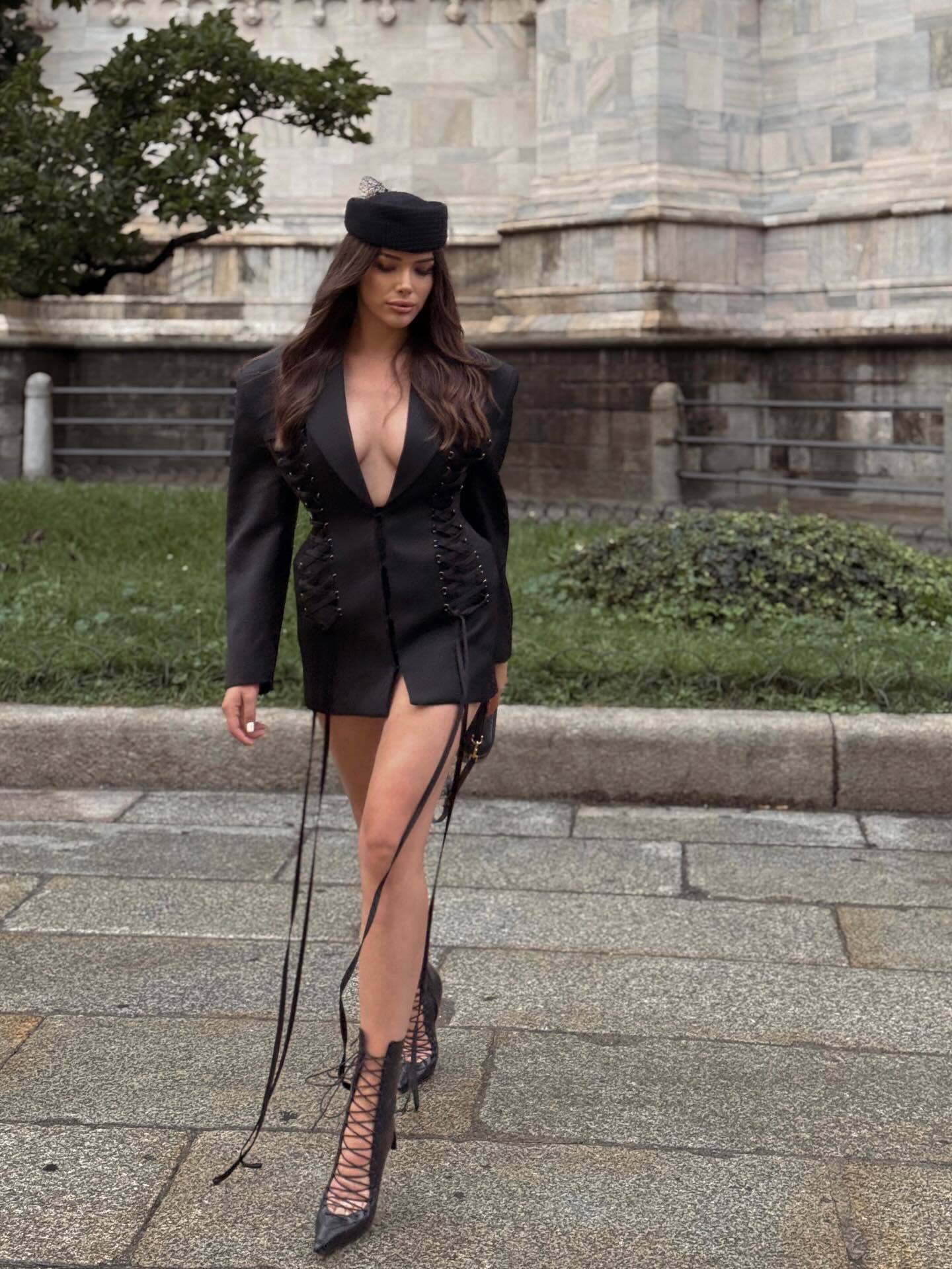 Long Sleeve Lace Up Detail Blazer Dress Black HV2574