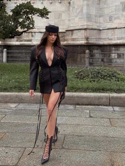 Long Sleeve Lace Up Detail Blazer Dress Black HV2574