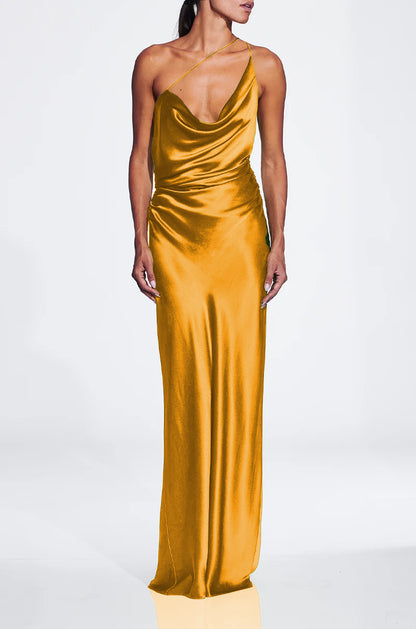 One Shoulder Draped Maxi Dress Gold HV1925