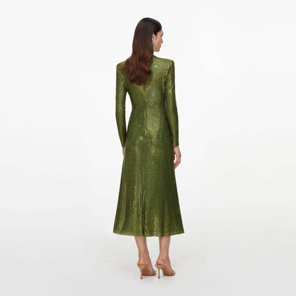Long Sleeve Embellished A Line Midi Dress Green HV2836