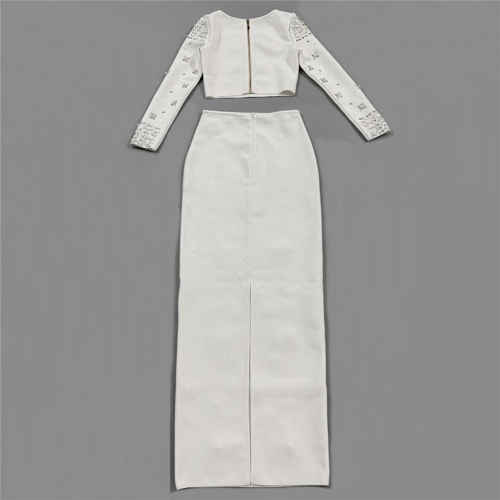 Long Sleeve Crystal Embellished Two Piece Maxi Dress White HV3098