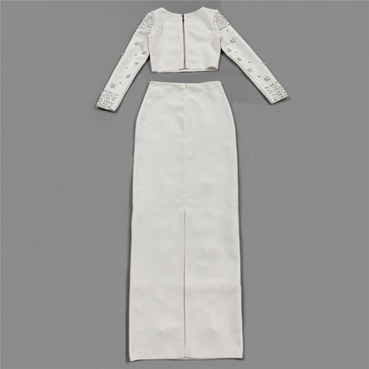 Long Sleeve Crystal Embellished Two Piece Maxi Dress White HV3098