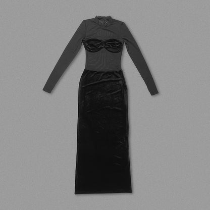 Long Sleeve Bustier Mesh Maxi Dress Black HV1537