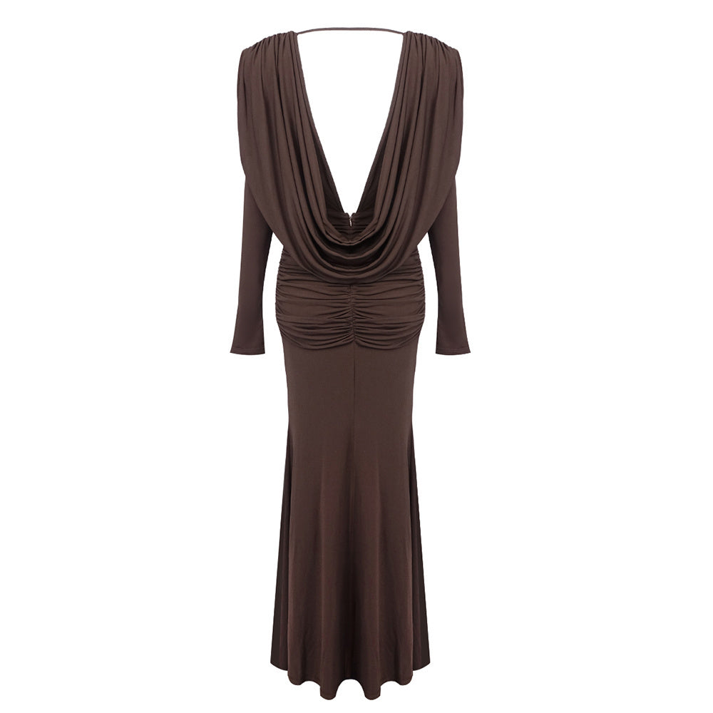 Long Sleeve Draped Maxi Dress Brown HV2076