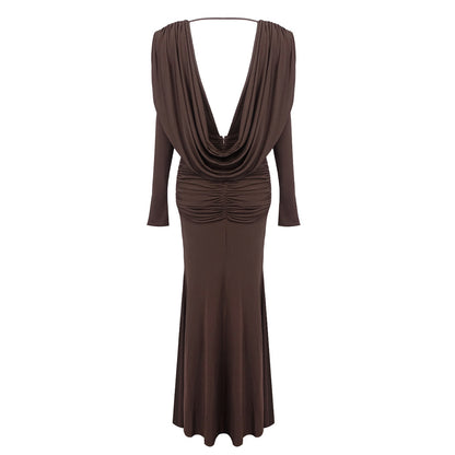 Long Sleeve Draped Maxi Dress Brown HV2076