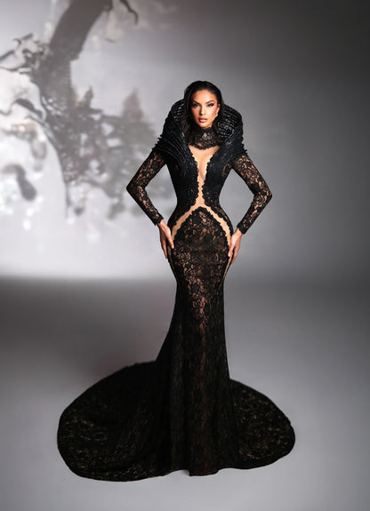 Long Sleeve Lace Maxi Dress Black HV1658