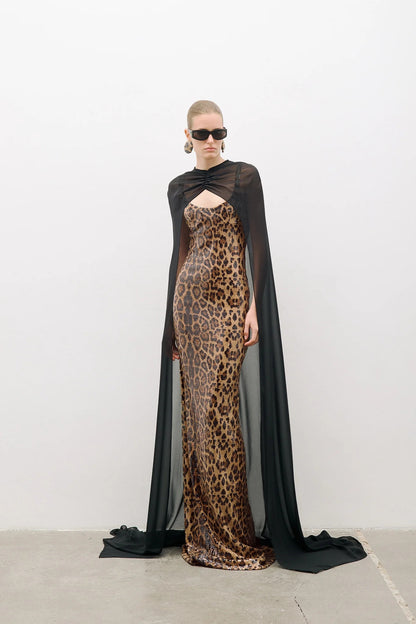 Cape Animal Print Maxi Dress HV0036