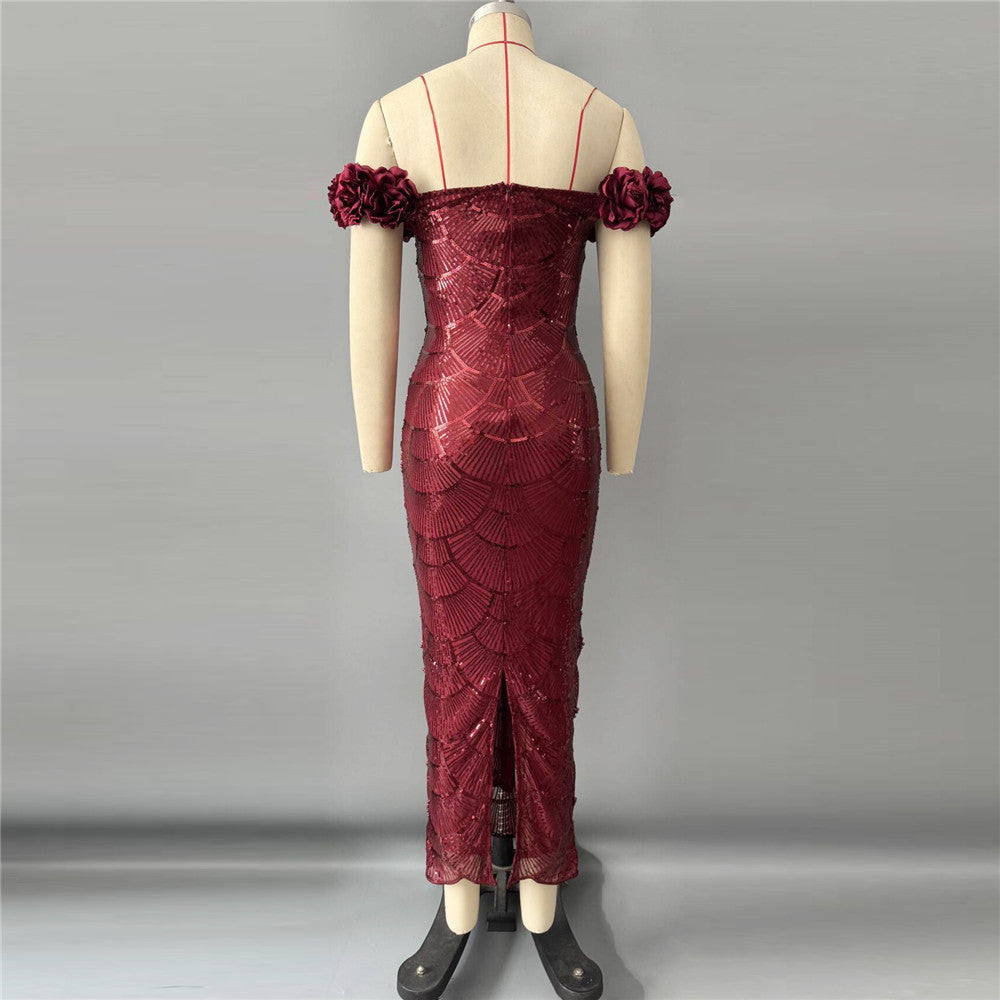 Floral Bardot Sequin Maxi Dress Burgundy HV3095