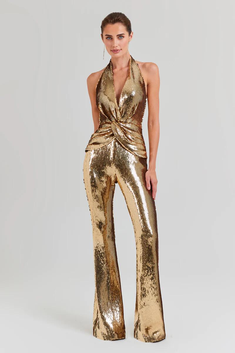 Halter Draped Sequin Jumpsuit Gold HV1099