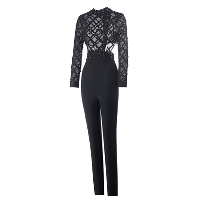 Long Sleeve Studded Mesh Jumpsuit Black