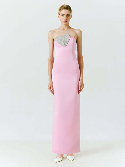 Crystal Heart Strapless Midi Dress Pink