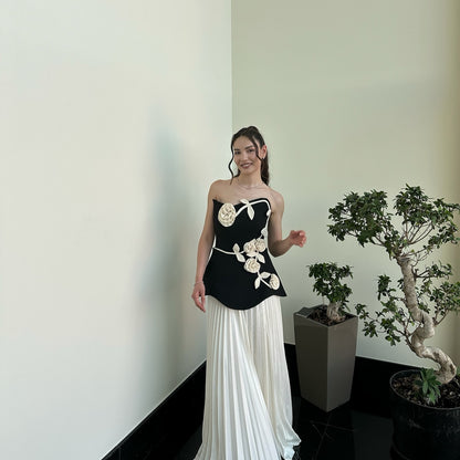 Strapless Floral Peplum Pleated Midi Dress Black White HV2612