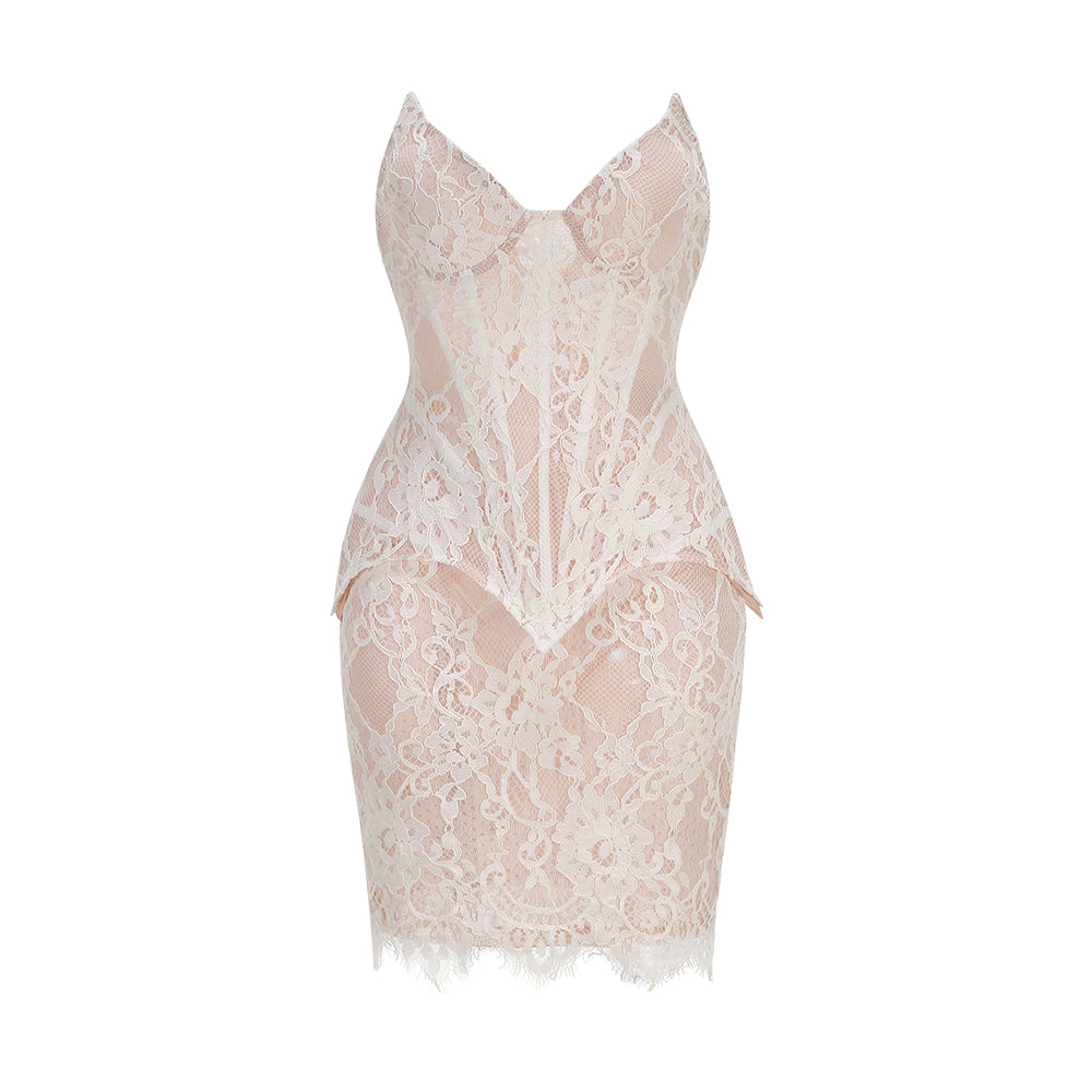 Strapless Lace Corset Two Piece Dress White HV3218