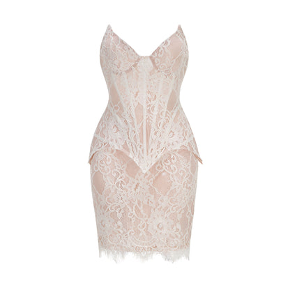 Strapless Lace Corset Two Piece Dress White HV3218