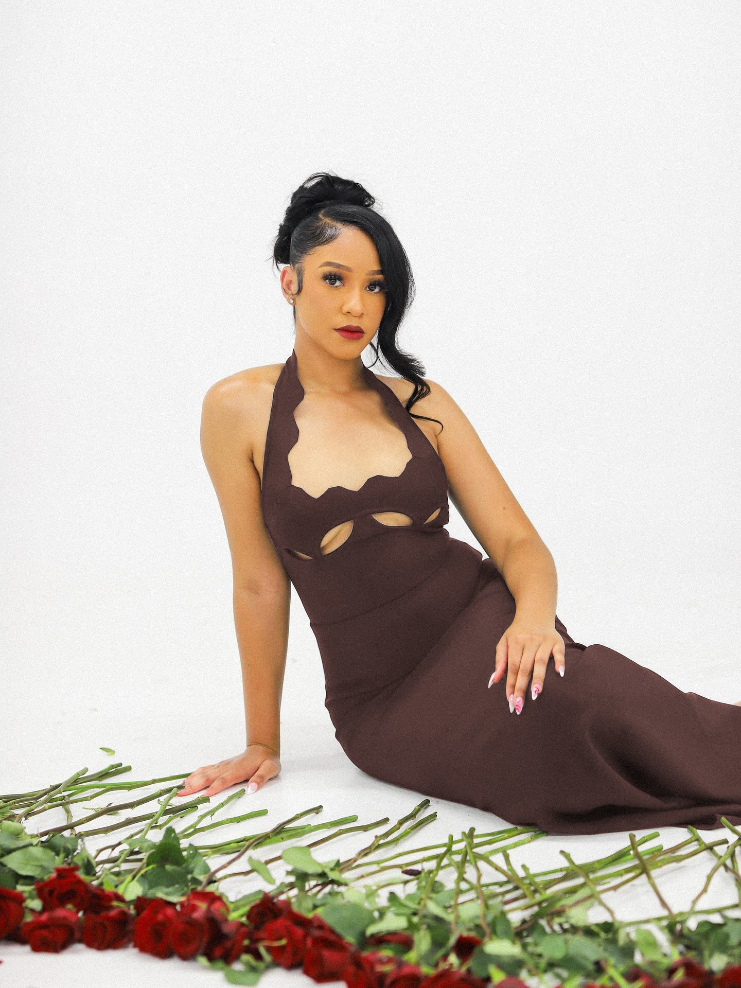 Halter Underboob Cut Out Maxi Dress Brown HV8518