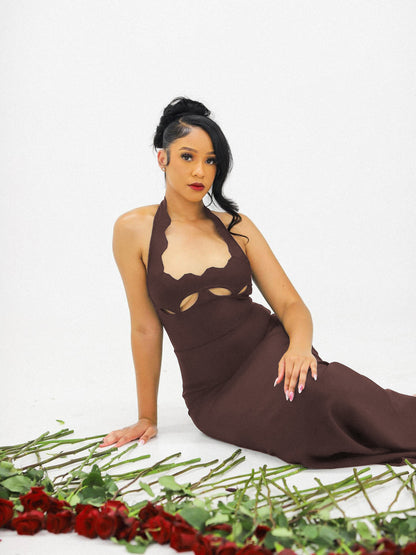 Halter Underboob Cut Out Maxi Dress Brown HV8518