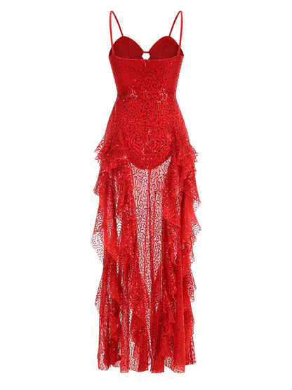 Bustier Sequin Ruffle Maxi Dress Red