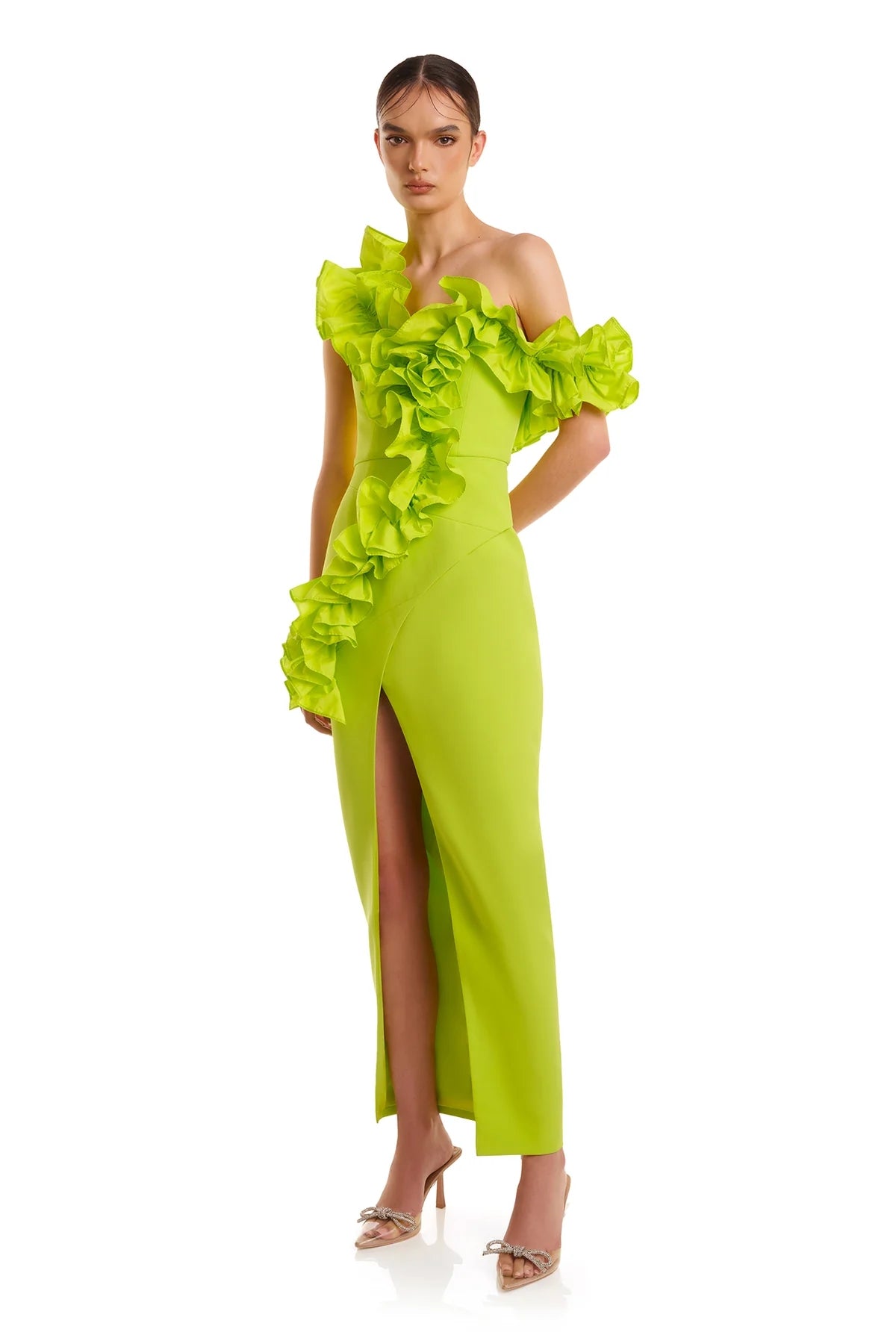 One Shoulder Ruffle Maxi Dress Neon Green HV1511