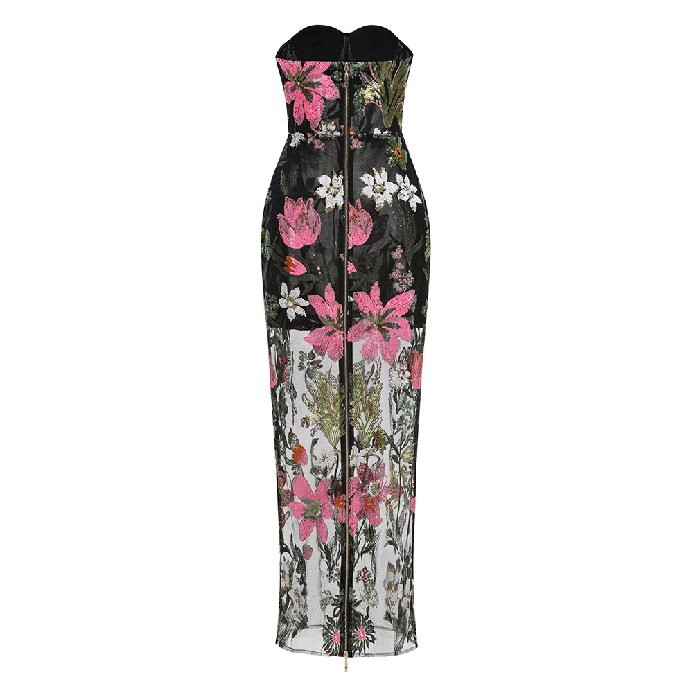 Strapless Sequin Floral Embroidered Maxi Dress Black HV3133