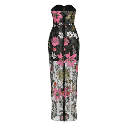 Strapless Sequin Floral Embroidered Maxi Dress Black HV3133