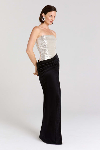 Strapless Sequin Velvet Maxi Dress Black Silver HV2736