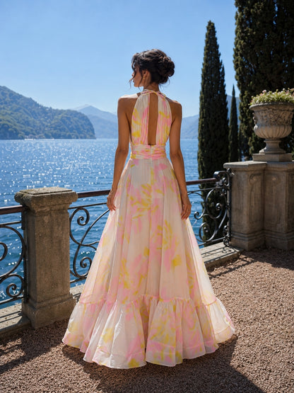 Halter Floral Ruffle Maxi Dress Pink Yellow HV3140