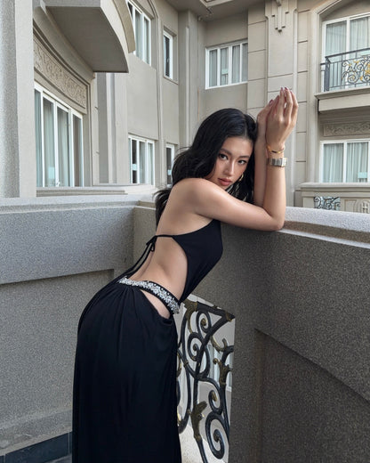 Halter Crystal Draped Backless Maxi Dress HV0122