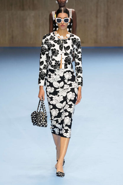 Long Sleeve Floral Two Piece Midi Dress Black White  HV2154