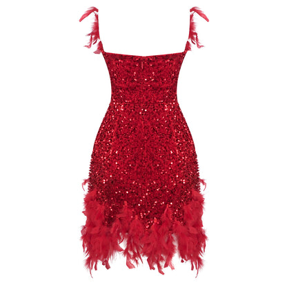 Strapless Feather Crystal Sequin Dress Red HV1296