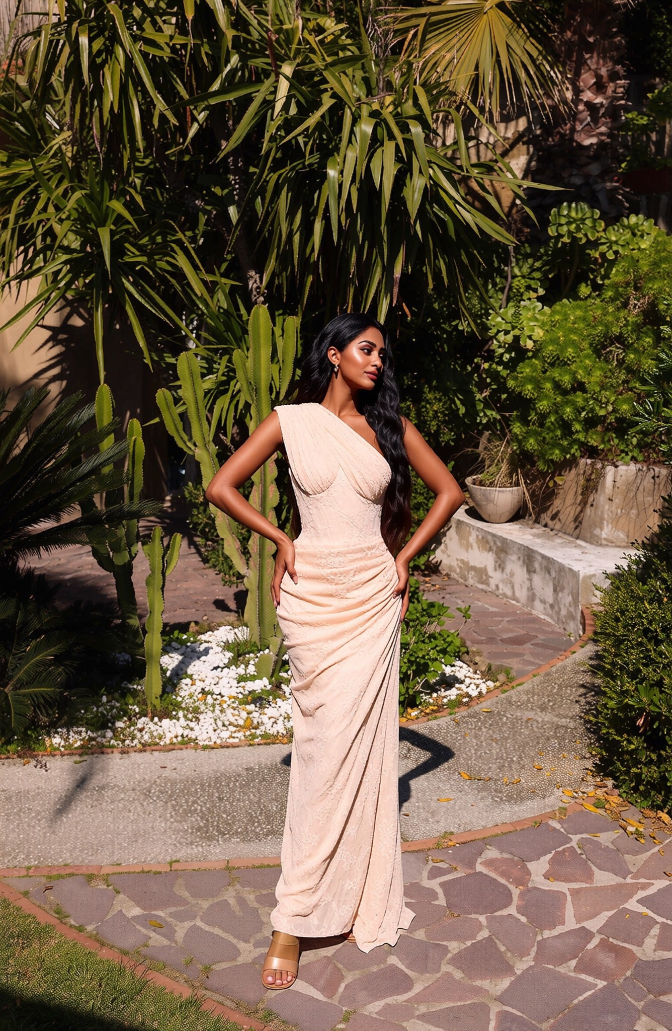 One Shoulder Draped Lace Maxi Dress Light Nude HV2677
