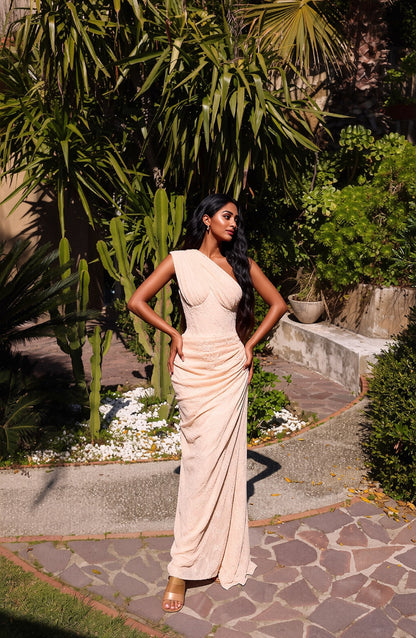 One Shoulder Draped Lace Maxi Dress Light Nude HV2677
