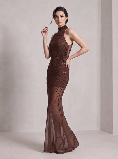 Asymmetric Embellished Maxi Dress Brown HV3200