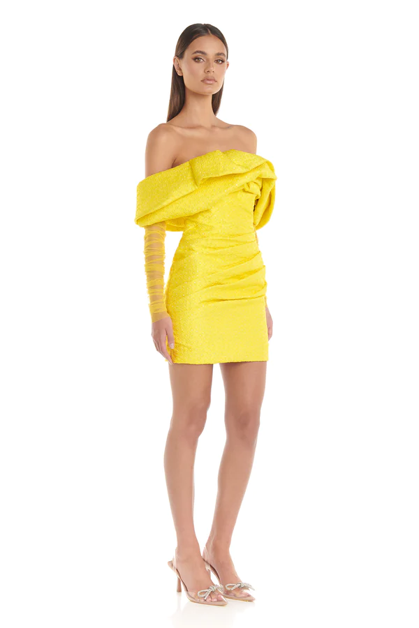 Long Sleeve Draped Off Shoulder Sparkly Dress Yellow HV9159