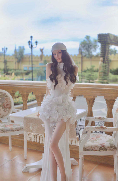 เดรสยาวปักลายดอกไม้ HV0021