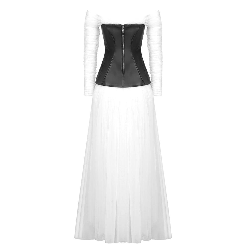 Long Sleeve Faux Leather Corset Maxi Dress Black White HV9907