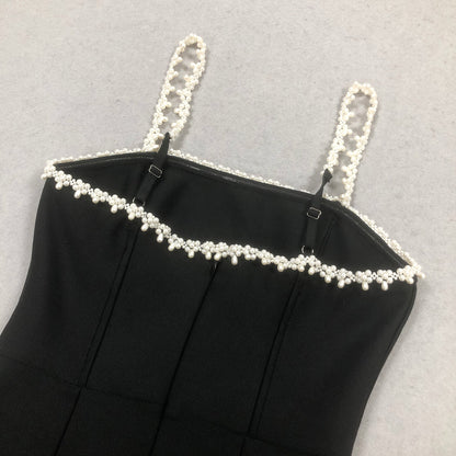 Pearl Detail A Line Dress Black