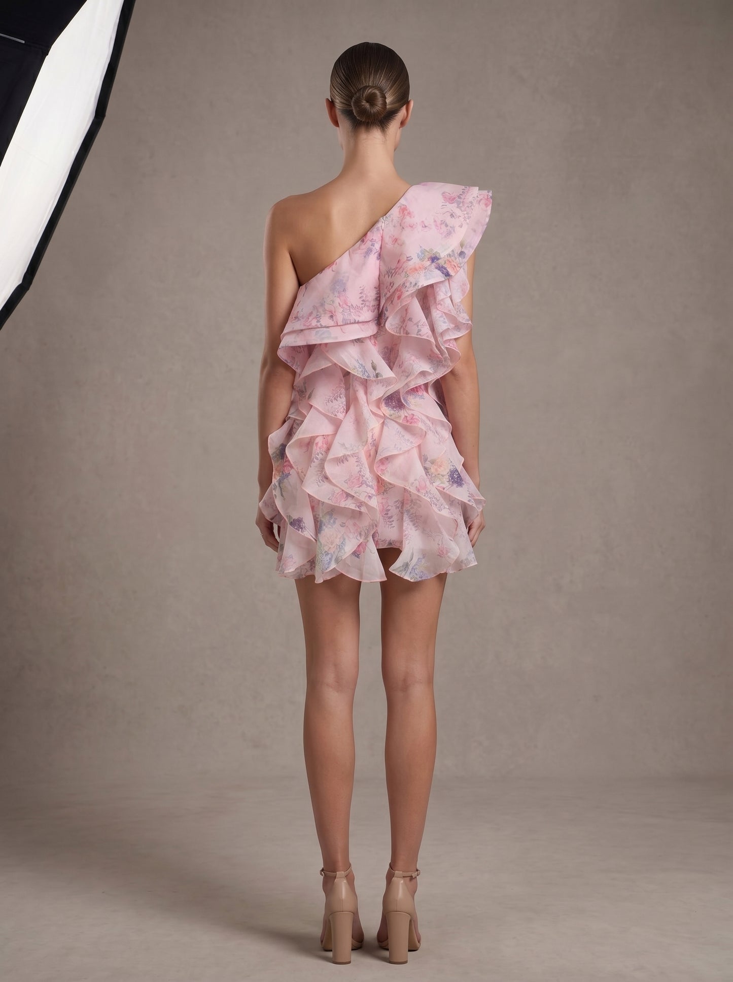 One Shoulder Floral Ruffle Dress Pink HV3130