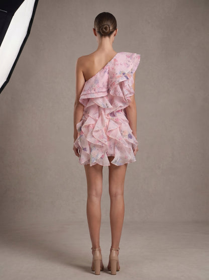 One Shoulder Floral Ruffle Dress Pink HV3130