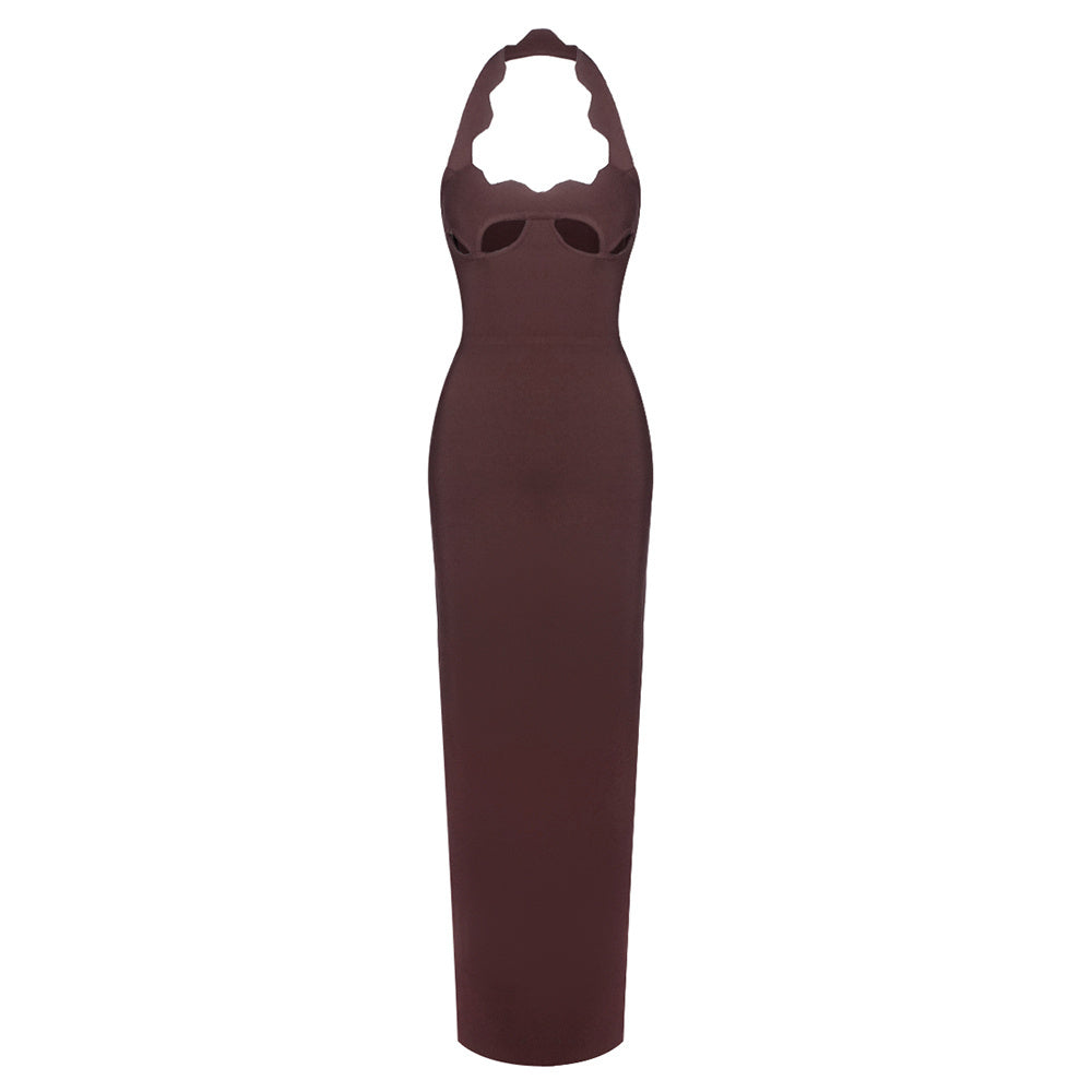 Halter Underboob Cut Out Maxi Dress Brown HV8518