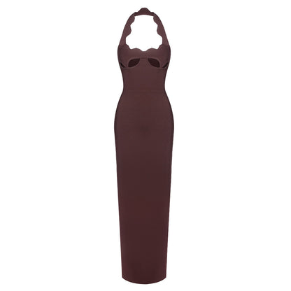 Halter Underboob Cut Out Maxi Dress Brown HV8518
